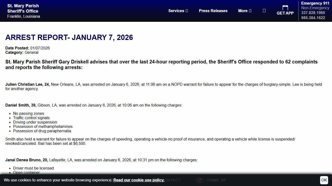 Arrest Report- January 7, 2026 St. Mary Parish Sheriff's Office, Louisiana
